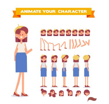 Ön, yan, geri, 3/4 görünüm animasyon karakter. Genç kız karakter Oluşturucu çeşitli görünümleri, yüz duygular, ile poz veriyor. Karikatür tarzı, düz vektör çizim.
