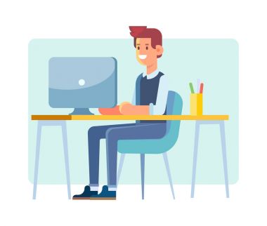 Office çalışan adam. Genç adam bilgisayar üzerinde çalışıyor. Düz vektör çizim.