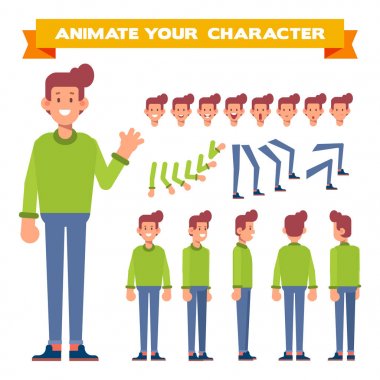 Animasyon için genç adam. Ön, yan, geri, 3/4 görünüm karakter. Vücudun farklı bölgelerinde. Karikatür tarzı, düz vektör çizim.