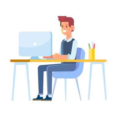 Office çalışan adam. Genç adam bilgisayar üzerinde çalışıyor. Düz vektör çizim.