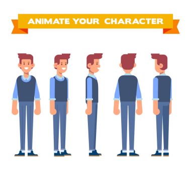 Ofis çalışanı. Ön, yan, geri, 3/4 görünüm animasyon karakter. Karikatür tarzı, düz vektör çizim.