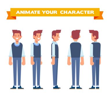 Ofis çalışanı. Ön, yan, geri, 3/4 görünüm animasyon karakter. Karikatür tarzı, düz vektör çizim.