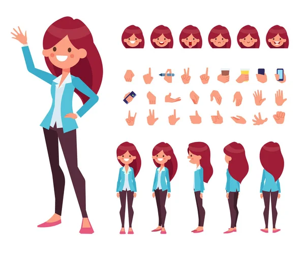 Přední Boční Zadní Pohled Animovaný Charakter Žena Charakter Konstruktor Různými — Stockový vektor