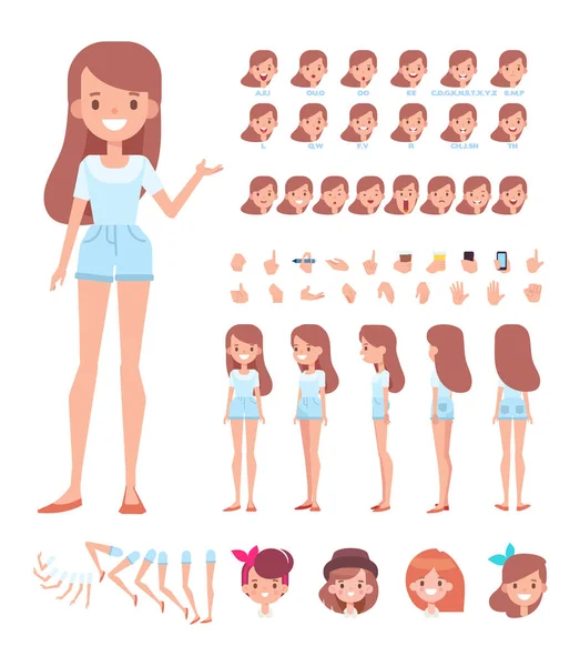 Front Side Back View Animated Character Девушка Конструктор Персонажей Различными — стоковый вектор