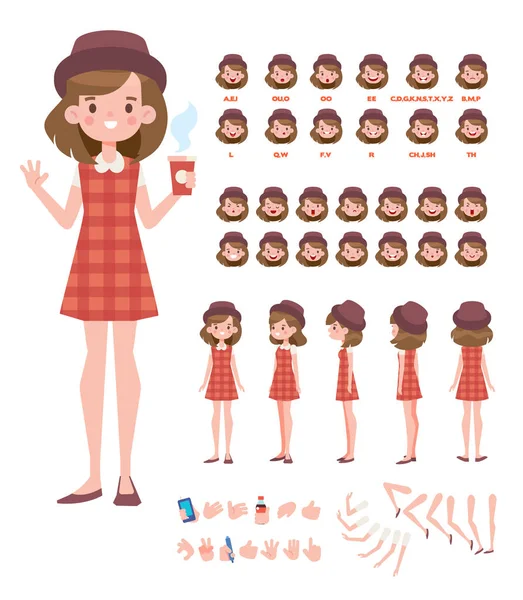 Front Side Back View Animated Character Young Girl Character Constructor — Stock Vector