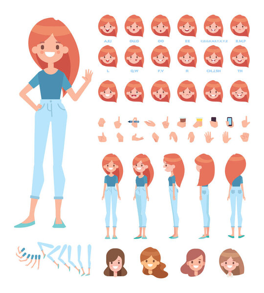 Front, side, back, 3 / 4 view animated character. Девушка конструктор персонажей с различными взглядами, лицом эмоции, синхронизации губ, позы и жесты. Карикатурный стиль, плоская векторная иллюстрация
.