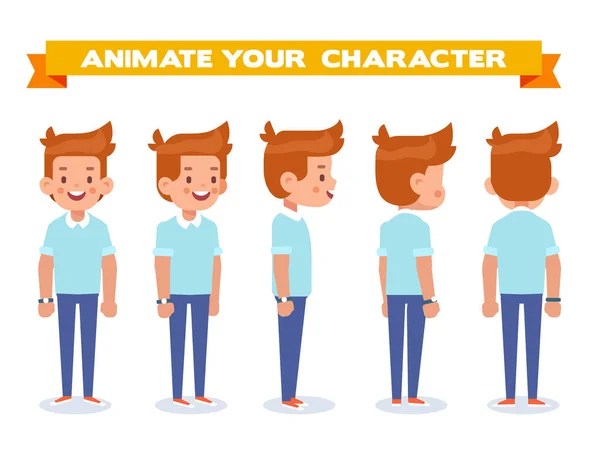 Νεαρός Άνδρας Για Animation Μπροστά Στο Πλάι Πίσω Προβολή Χαρακτήρα — Διανυσματικό Αρχείο