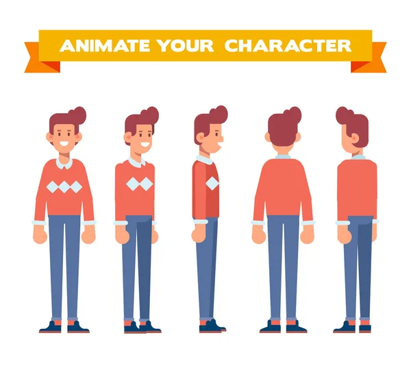 Νεαρός Άνδρας Για Animation Μπροστά Στο Πλάι Πίσω Προβολή Χαρακτήρα — Διανυσματικό Αρχείο