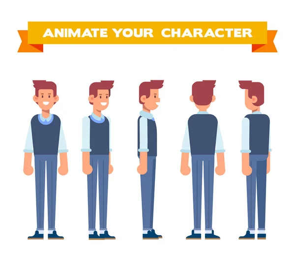 Pekerja Kantor Depan Samping Belakang Tampilan Karakter Animasi Gaya Kartun - Stok Vektor