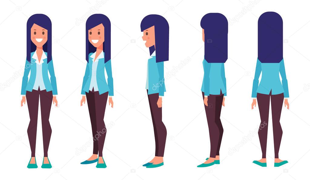 Young  woman for animation. Front, side, back, 3/4 view. Separate parts of body. Cartoon style, flat vector illustration.