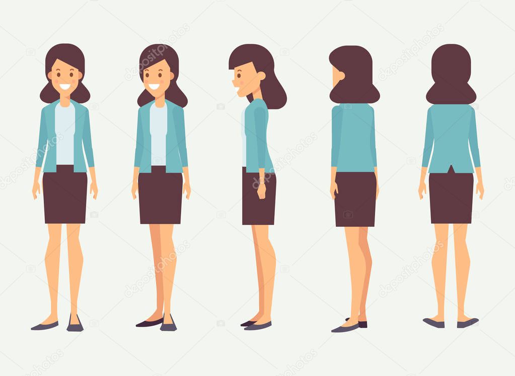 Pretty girl for animation. Front, side, back, 3/4 view character. Separate parts of body. Cartoon style, flat vector illustration.
