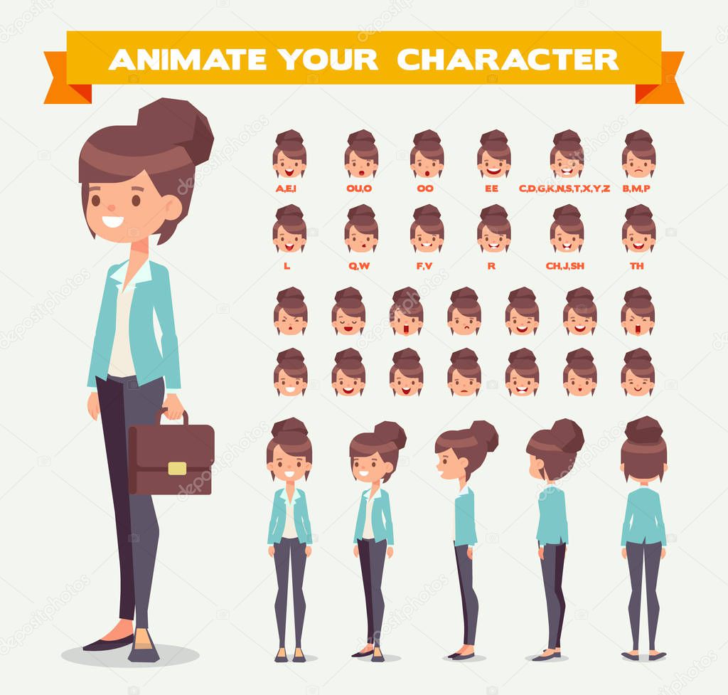 Front, side, back, 3/4 view animated character. Woman character constructor with various views, face emotions, lip sync, poses and gestures. Cartoon style, flat vector illustration.