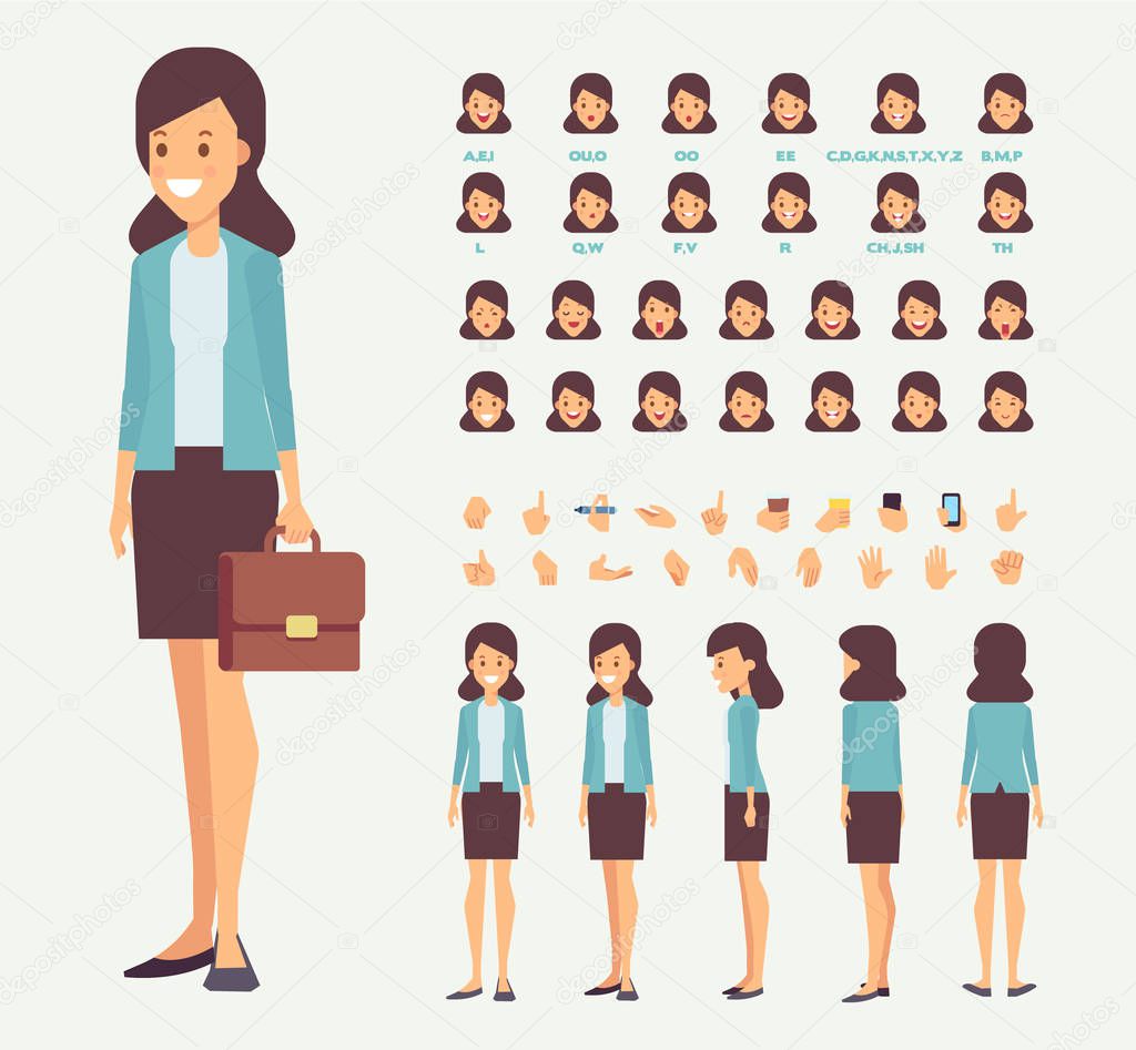 Business lady for animation. Front, side, back, 3/4 view character. Separate parts of body. Cartoon style, flat vector illustration.