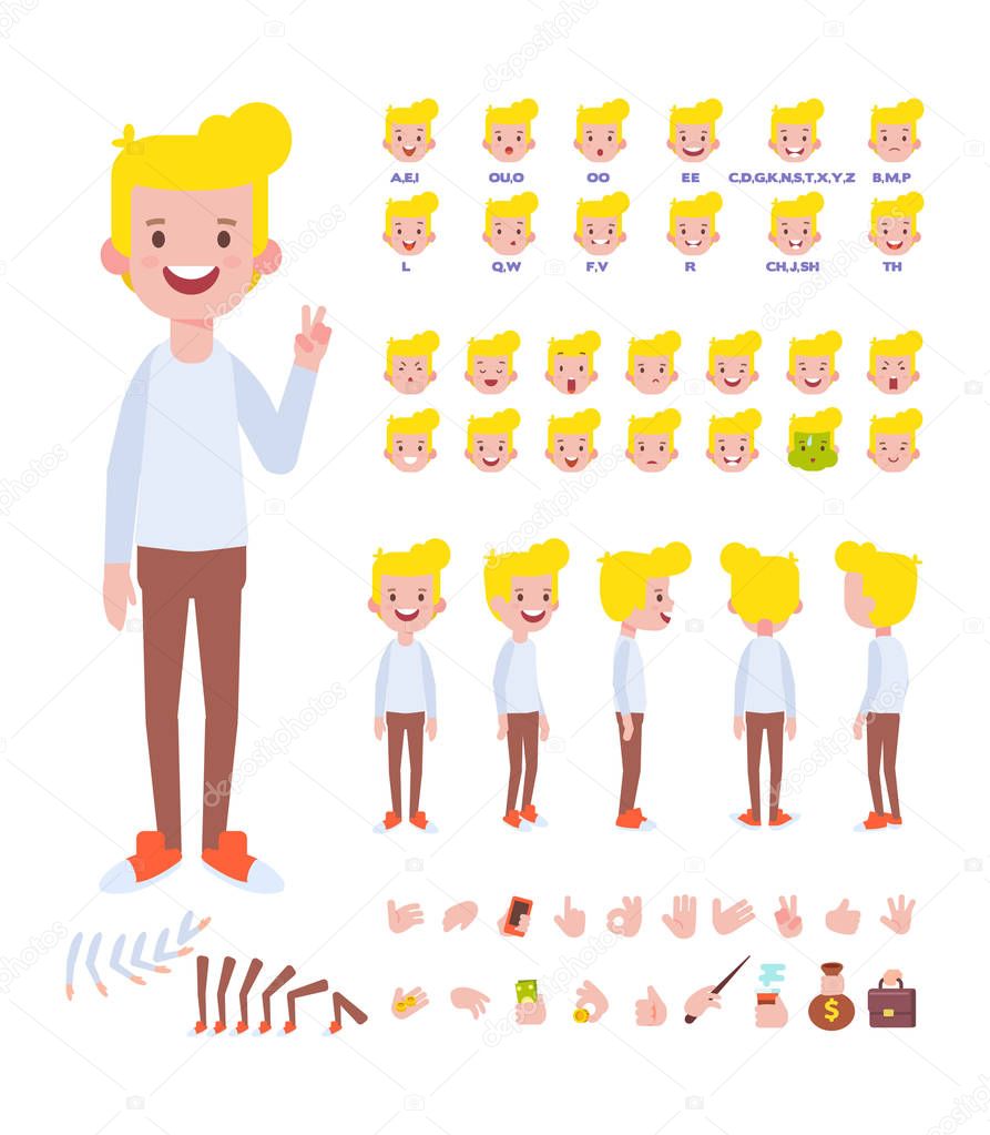 Young guy for animation. Front, side, back, 3/4 view character. Separate parts of body. Cartoon style, flat vector illustration.