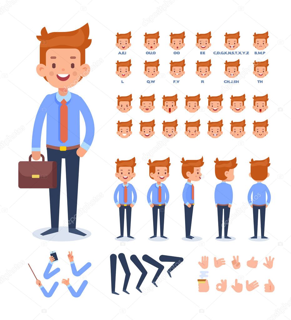 Manager man for animation. Front, side, back, 3/4 view character. Separate parts of body. Emotions. Cartoon style, flat vector illustration.