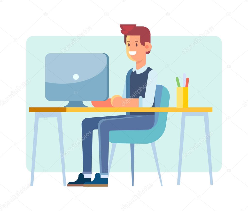 Office worker guy. Young man is working on computer. Flat vector illustration.