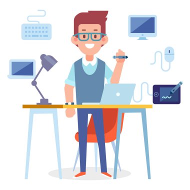 Tasarımcı vektör karakter. Karikatür tarzı, düz illüstrasyon.