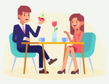 Mutlu çift Restoran masada oturuyor. Adam evlilik yapma teklifi. Sevgililer günün kutlu olsun. İki aşık. Düz vektör çizim.