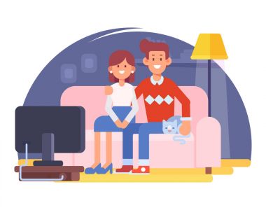 Mutlu çift birlikte evde kanepede oturan ve tv izliyor. Mutlu anne. Karikatür tarzı, düz vektör çizim.