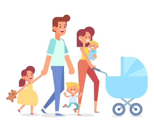 一家人在一起散步 女儿和婴儿都是在婴儿车里 平面样式中的矢量插图 — 图库矢量图片