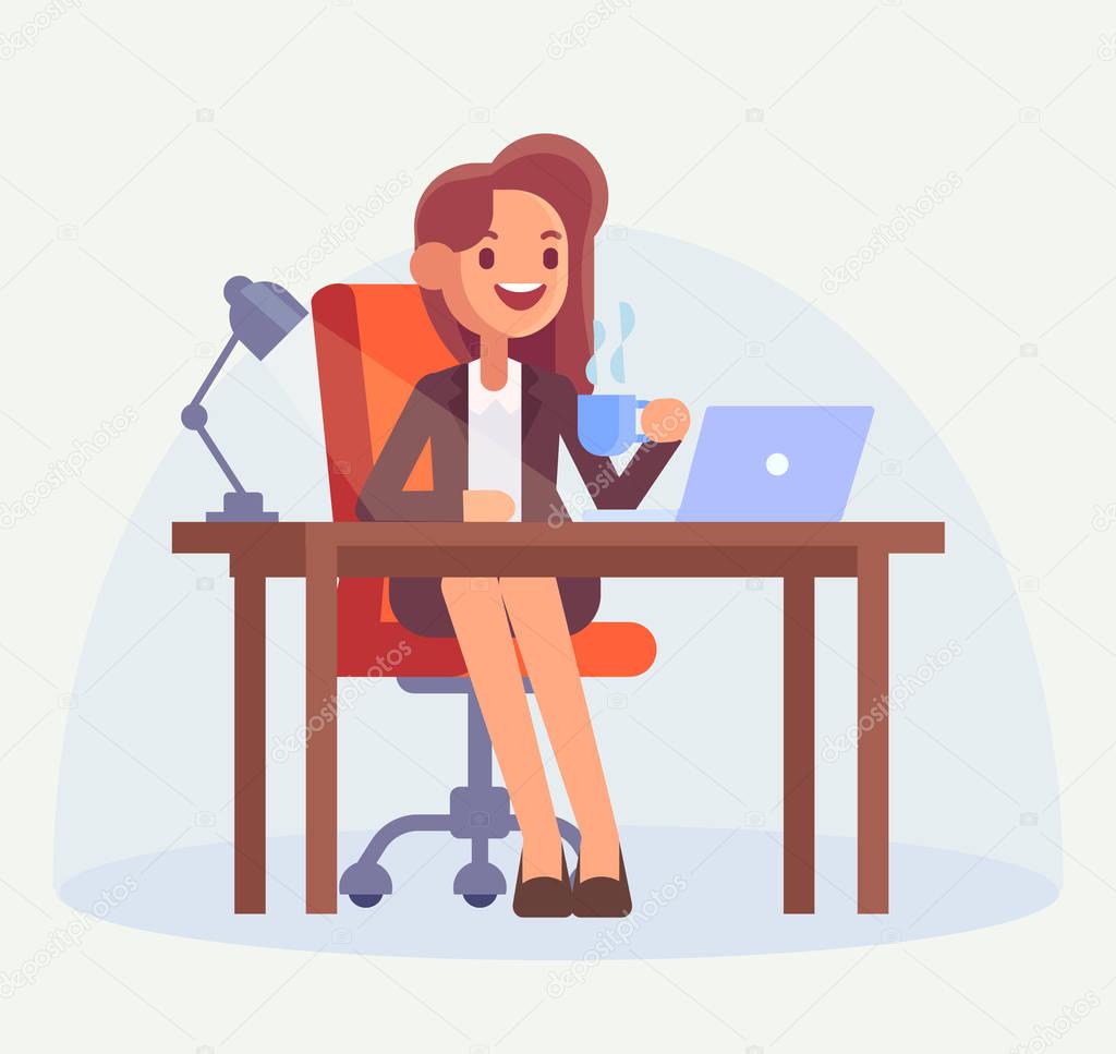 Business woman or office clerk working at her  desk. Woman working with computer and drinking coffee. Flat style, vector illustration.