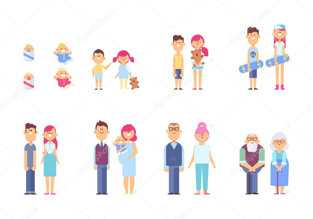 People generations in a flat style isolated on white background. Vector flat illustration,  cartoon style.
