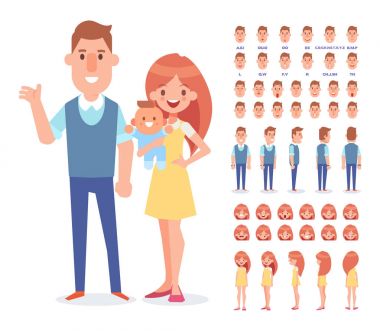 Mutlu çift yeni doğmuş bebek ile. Mutlu aile portresi. Anne, baba ve çocuk. Karakter Oluşturucu çeşitli saç modelleri vektör çizim düz bir tarzı ile.