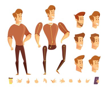 Genç adam Oluşturucu çeşitli saç modelleri ve hareketleri ile. Vücudun farklı bölgelerinde. Karikatür tarzı, düz vektör çizim.