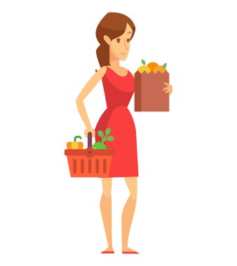 Kadın süpermarkette alışveriş. Düz bir stil vektör çizim