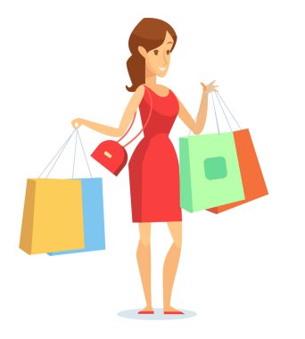 Genç kadın paketleri tutar. Mutlu müşteri. Büyük satış. Karikatür tarzı, düz vektör çizim.