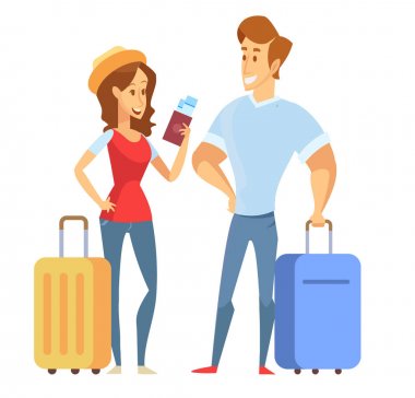 İnsanlar tasarım seyahat. Mutlu çift birlikte seyahat. Gülümseyen adam holding pasaport havaalanında tatil seyahat için hazır. Düz vektör çizim. Karakter tasarımı.