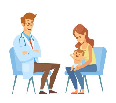 Bir doktor ziyaret küçük bir çocuk ile anne. Çocuk doktoru. Doktor statoscope ile çocuk annesinin kucağına oturur. Düz bir stil vektör çizim. 