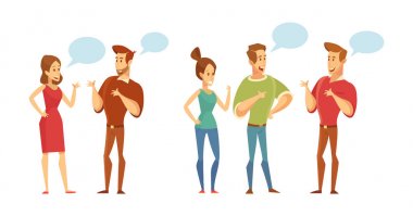 Birbirinizle konuşmak insanlar. Tartışma, fikir alışverişi. Vektör karakter kümesi. Beyaz izole bir düz stil çizimde.