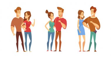 Mutlu sevgi dolu çiftler birlikte. Aşk ve romantizm. Sevgililer günü. Gençler birlikte, dostluk ve ilişki. Düz bir stil vektör çizim.