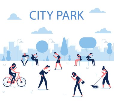 Akıllı telefonlar kullanarak kentsel park üzerinde yürüyen insanlar. Şehir manzarası arka planda. Vektör öğeleri infographics için. Internet bağımlılığı kavramı insanların telefon araçları kullanma.