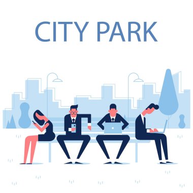 İnsanlar park araçları kullanma. Şehir manzarası arka planda. Vektör öğeleri infographics için. Internet bağımlılığı kavramı insanların telefon araçları kullanma.