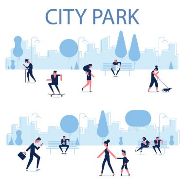 Akıllı telefonlar kullanarak kentsel park üzerinde yürüyen insanlar. Şehir manzarası arka planda. Vektör öğeleri infographics için. Internet bağımlılığı kavramı insanların telefon araçları kullanma.