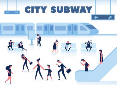Şehir toplu taşıma. İnsanlar için metro istasyonu platformunda bekliyor. Yolcular metro içinde. Düz vektör çizim, infographics için öğeleri.