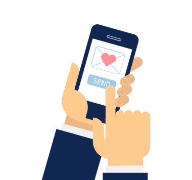 Gönderme veya alma aşk sms cep telefonu. İnsan eli tutun cep telefonu. Sohbet seviyorum. Düz vektör çizim üzerinde beyaz izole.
