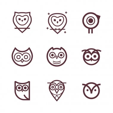 Baykuş anahat simgeleri koleksiyonu. Anahat baykuşlar ayarla ve Amblemler tasarım öğeleri için okullar, eğitim işaretler. Benzersiz gösterim amacıyla tasarım.