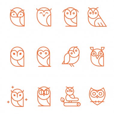Baykuş anahat simgeleri koleksiyonu. Anahat baykuşlar ayarla ve Amblemler tasarım öğeleri için okullar, eğitim işaretler. Benzersiz gösterim amacıyla tasarım.