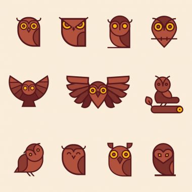 Baykuş simgeler koleksiyonu. Okullar, eğitim işaretleri için baykuşlar ve Amblemler tasarım öğeleri kümesi. 