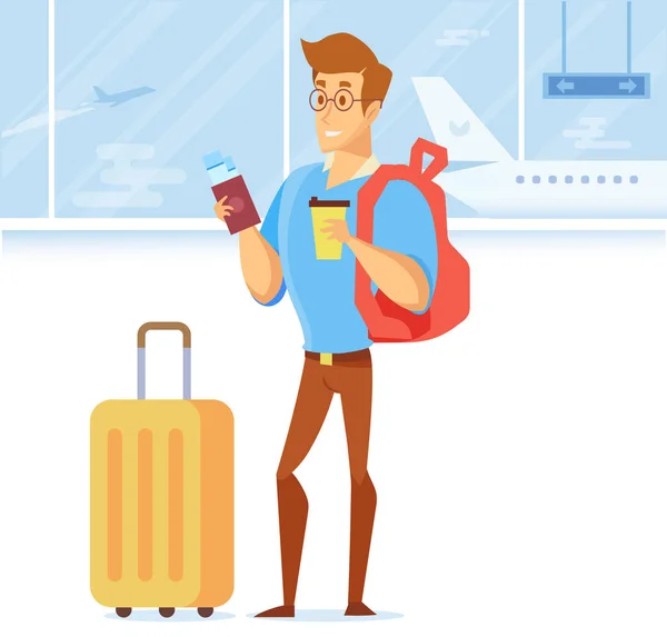 パスポートと空港内の搭乗パス待っている男 荷物を Treveler 男文字 旅行の概念 フラットのベクトル図 — ストックベクタ