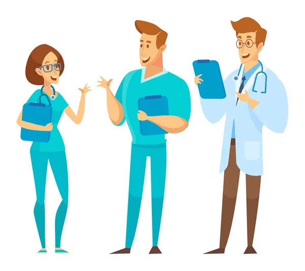 男性和女性医生互相交谈 交换意见 在白色背景的医务工作者团队 矢量平面卡通插图 — 图库矢量图片