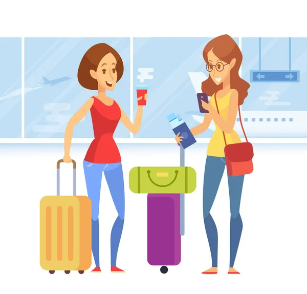 Mulheres Amigas Viajam Juntas Férias Ilustração Vetorial Plana — Vetor de Stock