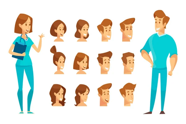 Conjunto Creación Personajes Masculinos Fermale Doctor Estilo Dibujos Animados Ilustración — Vector de stock