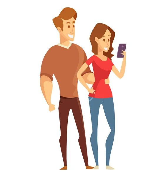 Mann Und Frau Benutzen Mobiltelefone Und Geräte Lesen Sie Einen — Stockvektor