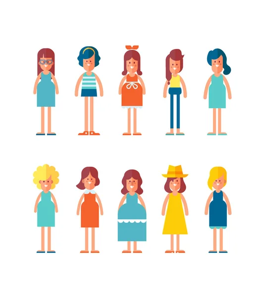 Big Set Characters Flat Style Woman Girl Different Clothes Cartoon — Stock Vector