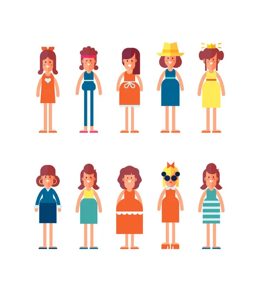 Gran Conjunto Personajes Estilo Plano Mujer Niña Con Ropa Diferente — Vector de stock