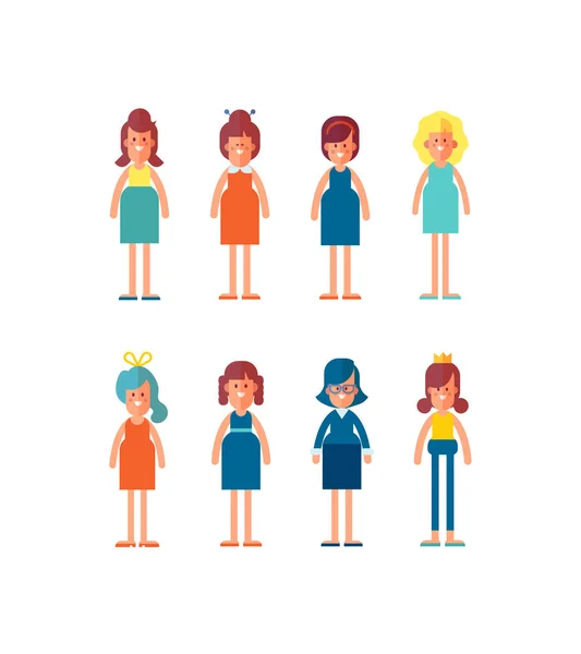 Big Set Characters Flat Style Woman Girl Different Clothes Cartoon — Stock Vector